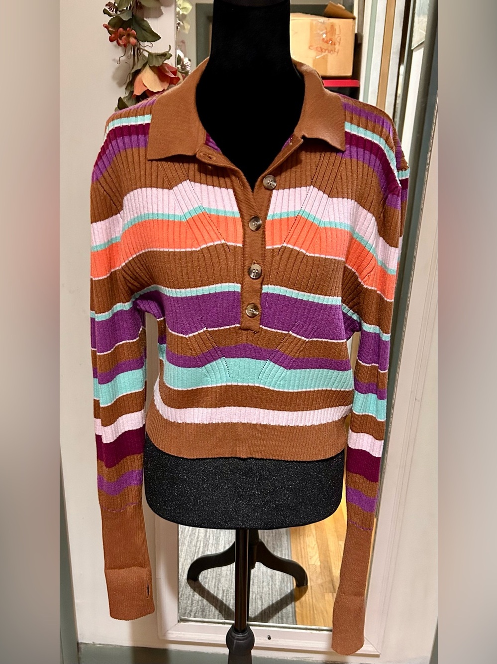 White Birch- Brown Multi-Stripe Ribbed Polo Cropped Sweater- XL Plus- NWOT